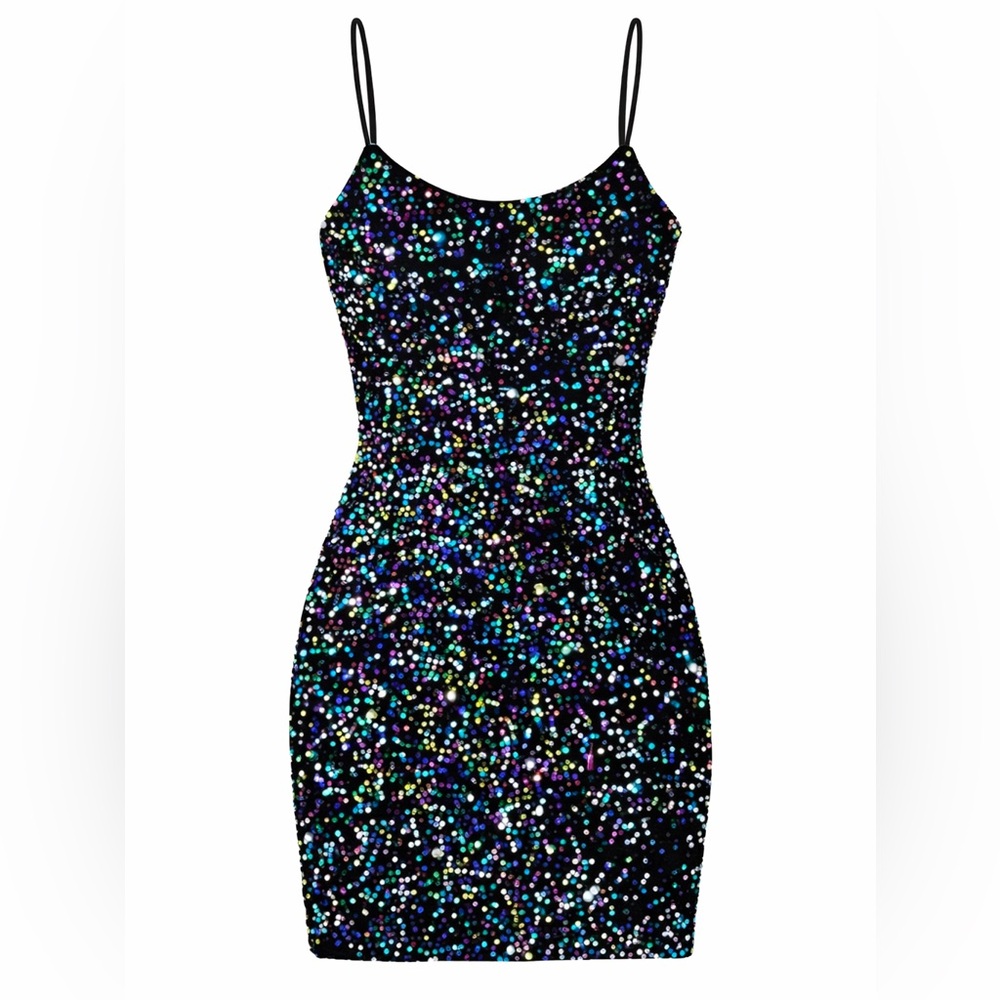 Pear Culture Sequin Bodycon Mini Dress 5/6 Black Spaghetti Strap Party